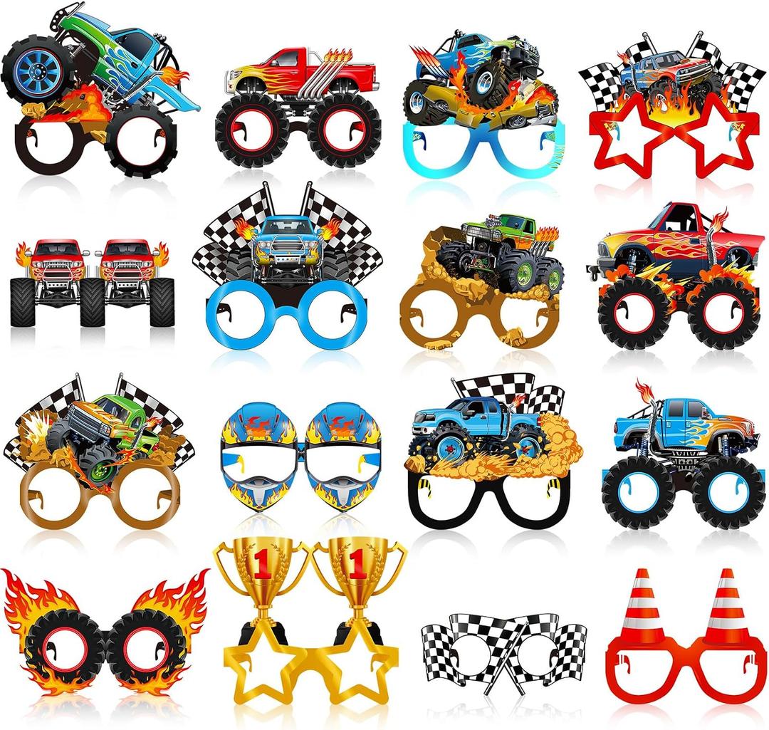 Jenaai 32 Pcs Monster Truck Party Favors Paper Glasses Monster Truck Party Decorations Supplies Photo Booth Props Cool Car Theme Eyeglasses for Baby Shower Birthday Classroom Rewards Goodie Bag Filler