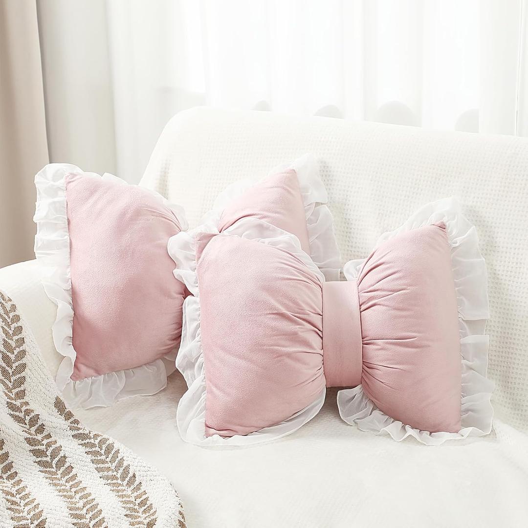 Yousoontic 2 Pcs Bow Pillows 15.7 * 12.6 in Coquette Throw Pillow Cute Bow Shaped Cushion Plush Lumbar Decorative for Girls Room Bed Sofa Couch Car(Velvet,Pink)