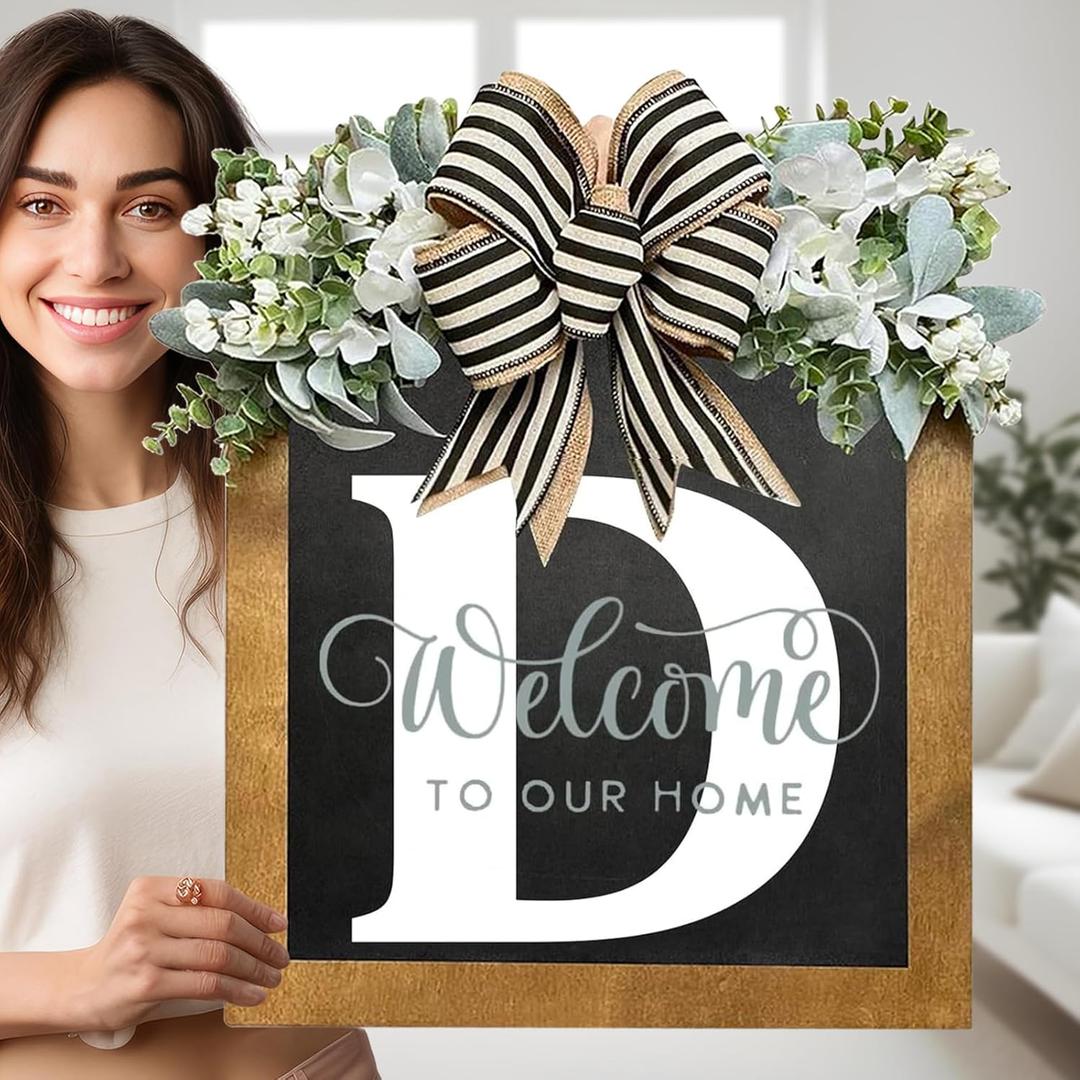 16 Personalized Welcome Sign for Front Door, Last Name Wreaths for Front Door, 26 Initial Front Door Decor, Year Round Wreath, Pine Wooden Home Decor, Housewarming Gifts, (D)