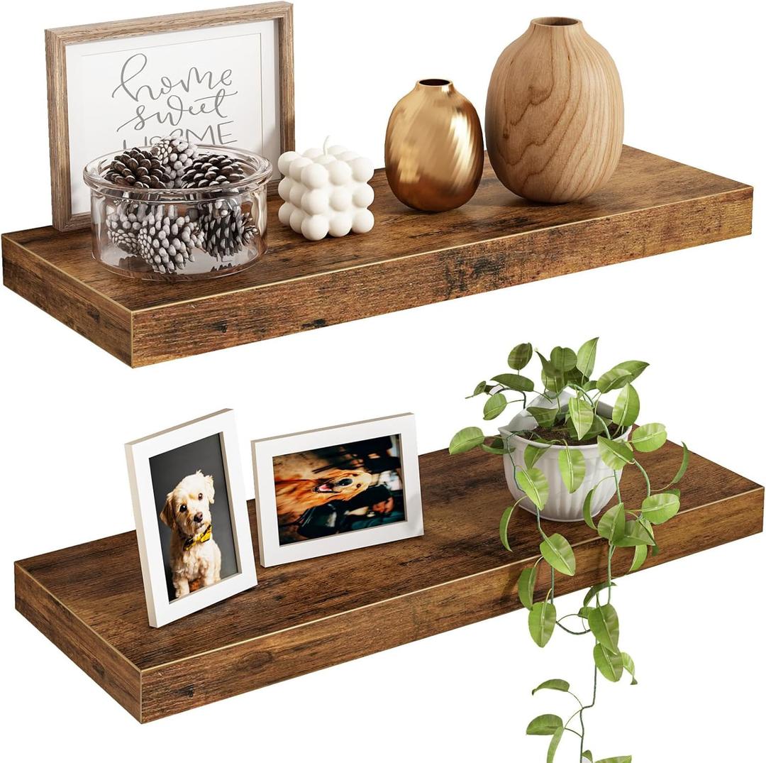 Fixwal Floating Shelves for Wall, 15.7" Wood Wall Mounted Shelves for Living Room, Bedroom, Bathroom and Kitchen, for Storage, Books, Room Decor (Rustic Brown, Set of 2)