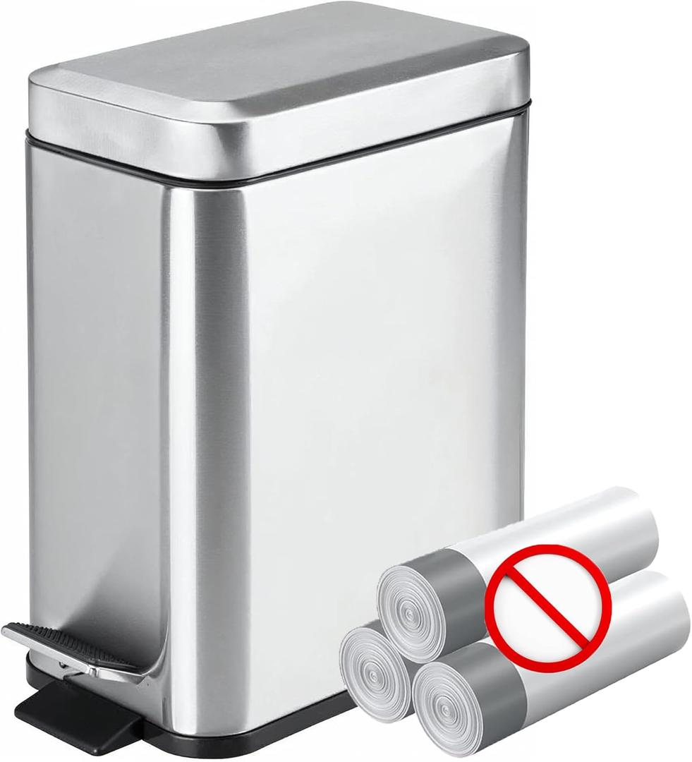 Homie Soft Close, Slim Trash Can 1.6 Gallon with Anti - Bag Slip Liner and Lid, Use as Mini Garbage Basket, Slim Dust Bin, or Decor in Bathroom, Restroom, Kitchen, or Bedroom (Brushed Stainless Steel)