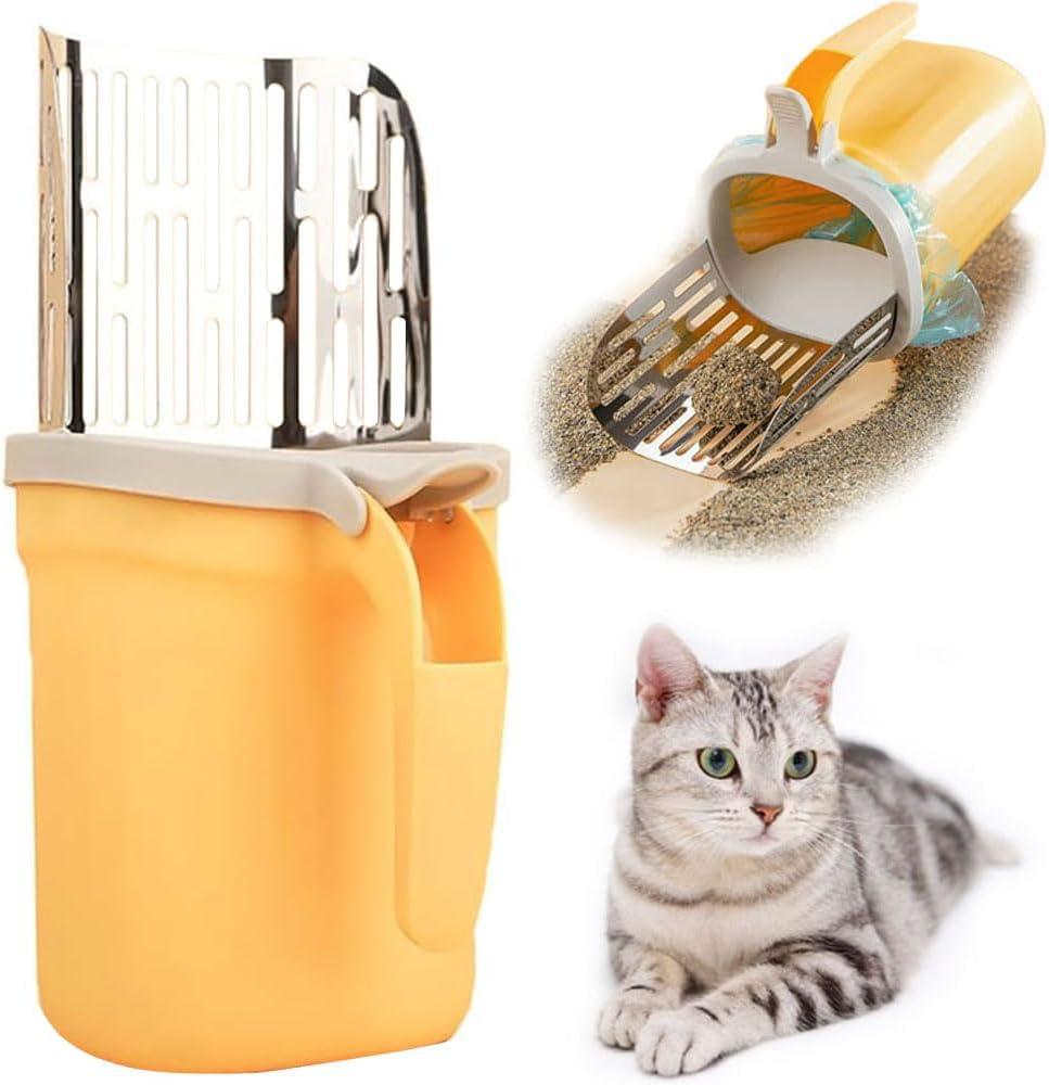 Cat Litter Scoop, Large Capacity Mess-Free Cat Litter Scooper with Bags, Spill-Proof Kitty Box Sifter, Bin Doubles as Scoop Holder (Yellow)