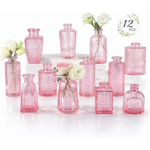 RUCKAE 12 Pack Glass Bud Vases Mini Flower Vase Small Vintage Vases for Centerpiece Table Wedding Decorations Home Decor Party (Pink)