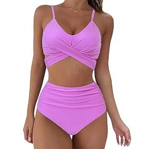 SUUKSESS Women High Waisted Bikini Push Up Wrap Bandage Swimsuits 2 Pieces (S, Purple)