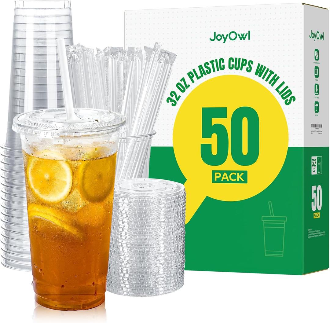 32 OZ Clear Plastic Cups with Lids and Straws 50 Pack, Disposable To Go Cups with Lids for Iced Coffee, Smoothie and Cold Drinks