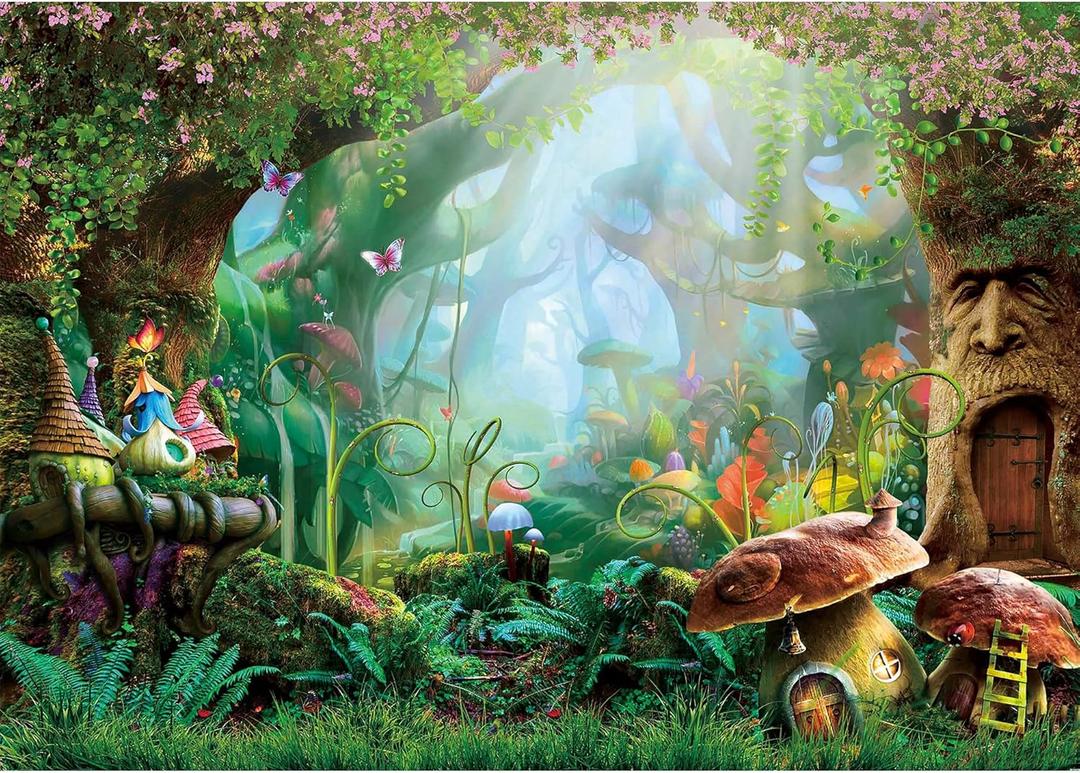 7x5ft Enchanted Forest Photo Background Fairy Tale Magic Big Tree Mushroom Princess Girl Birthday Party Decorations Banner Backdrops for Photography Birthday Banner Background SK1182B