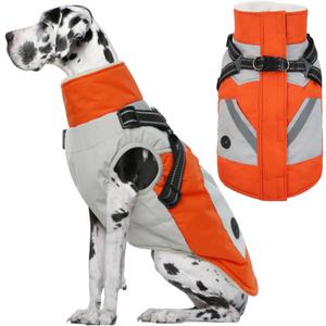 IECOii Large Dog Coat with Harness Built in, Reflective Waterproof Dog Coat for Giant Breeds - Zip Up Fleece Jacket for Dogs, Great Dane Winter Coats Warm Snowsuit for Cold Weather, Orange, 4XL (Chest:47.24 in)