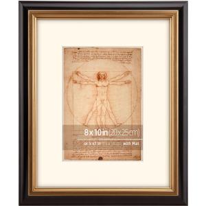 8x10 Black and Distressed Gold 2 Tone Vintage Neutral Picture Frame, Hand Painted Real Wood Profile, Matted for 5x7 Photo, Prints or Paintings, Brass Inner Border