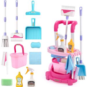 Toddler Cleaning Set, Kids Cleaning Carts Toy Set, Detachable Kids Mop Broom Set for Toddlers - Pretend Play Educational Toy (Pink)