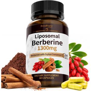 GREENPEOPLE Liposomal Berberine Supplement with Ceylon Cinnamon - Berberine HCL 1300mg 10X High Absorption - AMPK & PPAR Activator for Metabolic & Digestive & Immune Balance - Non-GMO 60 Veg Capsules