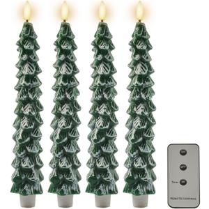 DN DECONATION 4PCS Christmas Tree Tall Candlesticks with Remote, LED Christmas Flameless Taper Candles Battery Operated, Frosted Tree Fake Candle Sticks for Xmas Table Decor Window Decorations (Set of 4)