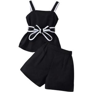 Verdusa Girl's 2 Piece Brunch Outfits Bow Knot Belted Contrast Trim Tank Tops with Shorts Comfy Sets (Black, XS)