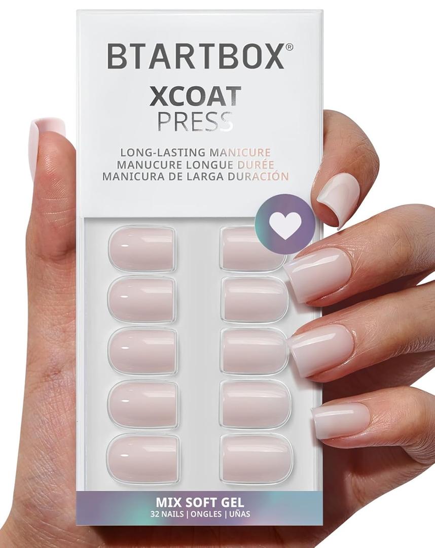 BTArtbox Press On Nails Square - Pastel Short Press On Nails with Glue for Women, Opaque Soft Gel Glue On Nails in 16 Sizes - 32 Stick On Nails Kit, Heeled Neutral