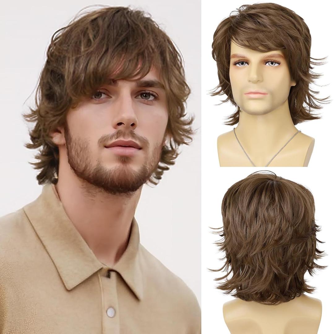 Mens Light Brown Wig Short Layered Natural Wavy Synthetic Heat Resistant Hair Wigs Male Guy Daily Party Costume Halloween Cosplay Wigs (Light Brown)