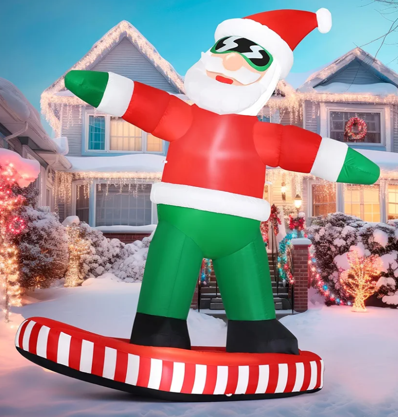JOIEDOMI 6FT Tall Christmas Inflatables Outdoor Decorations, Inflatable Snowboarding Santa, Blow Up Yard Decoration with Build-in LED for Xmas Party Outdoor, Yard, Garden, Lawn Decor