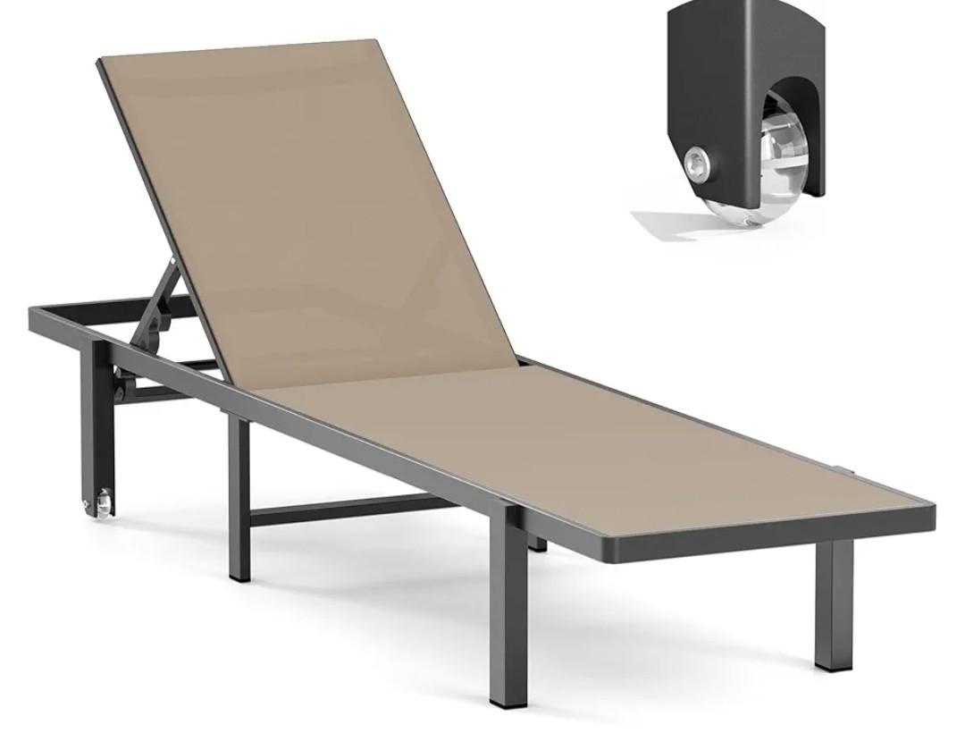 Aluminum Chaise Lounge Chair Outdoor with Wheels, Patio Lounge Chair with Adjustable 5-Position Recliner and Full Flat Tanning Chair for Patio, Beach, Pool, Khaki