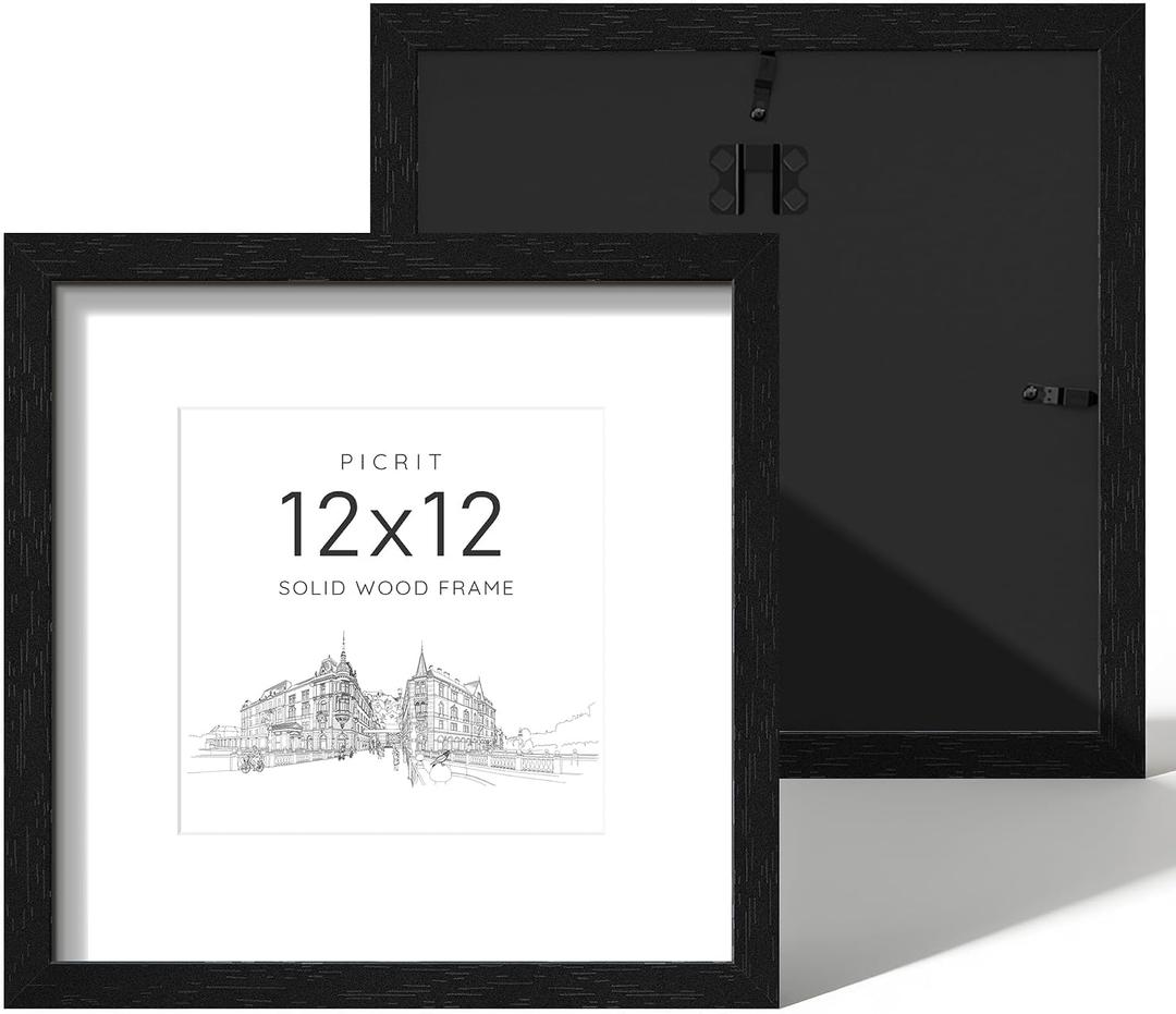 Picrit 12x12 Picture Frame Set of 2, Solid Wood and Black Backboard, Displays 8x8 with Mat or 12 x 12 Without Mat, Wall Mounted, Multi-Piece Wall Gallery Photo Frames for Home Decor, Black Wood Grain