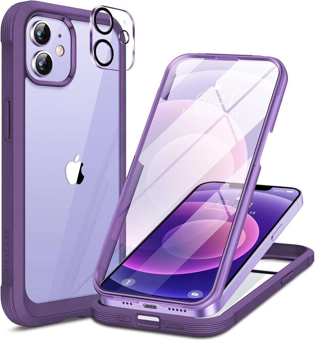 Miracase Glass Series for iPhone 12/12 Pro Case 6.1 inch, Upgraded Full-Body Rugged Phone Bumper Case Cover with Built-in 9H Tempered Glass Screen Protector and Camera Protector, Purple