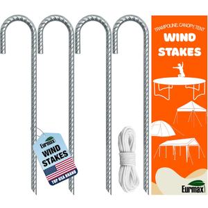 Eurmax USA Trampolines Stakes Heavy Duty Ground Stakes Canopy Parts Wind Stake with Rope 12 Inch Heavy Duty Stake Safety Ground Anchor Galvanized Steel J Shaped, Pack of 4(Silver)