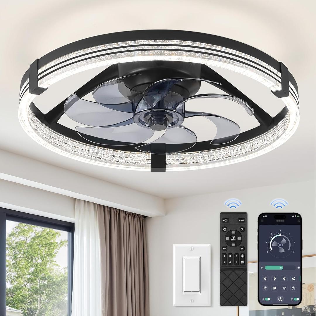 ZMISHIBO Low Profile Ceiling Fans with Lights, Flush Mount Modern Ceiling Fan and Remote Control, 20" LED Ceiling Fans, Stepless Dimmable 3 Colors and 6 Speeds (Black)