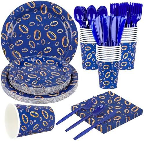 175Pcs Video Game Party Favors Tableware Set Video Game Themed Party Supplies for 25 Guests Includ Blue and Gold Rings Paper Plates Napkins Cups and Cutlery for Gamer's Parties Decor Birthday Gift