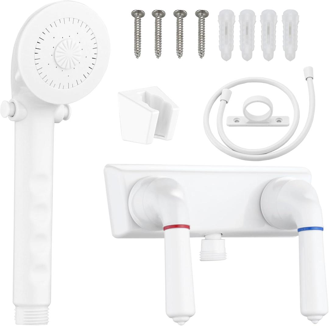 RV Shower Faucet with Handheld Showerhead & Hose, 4" ABS Shower Set, Leak & Rust Resistant for RV Camper Motorhome Travel Trailer (White, Indoor/Outdoor Use)