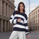 Women Y2k Oversized Striped Sweater Vintage Color Block Crew Neck Chunky Long Sleeve Pullover Harajuku Jumper (XL)