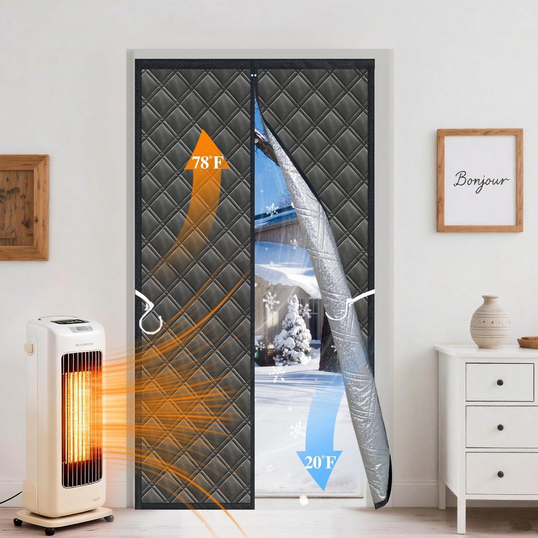 Insulated Door Curtain 38 * 83" 3-Layer Thick Cotton Magnetic Thermal Insulated Door Curtain for Winter/Summer Blocks Cold and Heat, Thermal Curtain to Energy Saver,Black