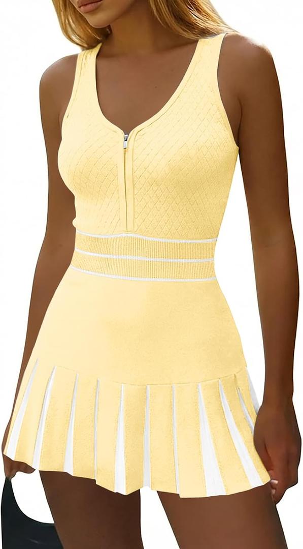 Fisoew Womens Tennis Mini Dress Summer Sleeveless Half Zipper Elastic Waist Athletic Workout Knit Pleated Dresses (Yellow, L)