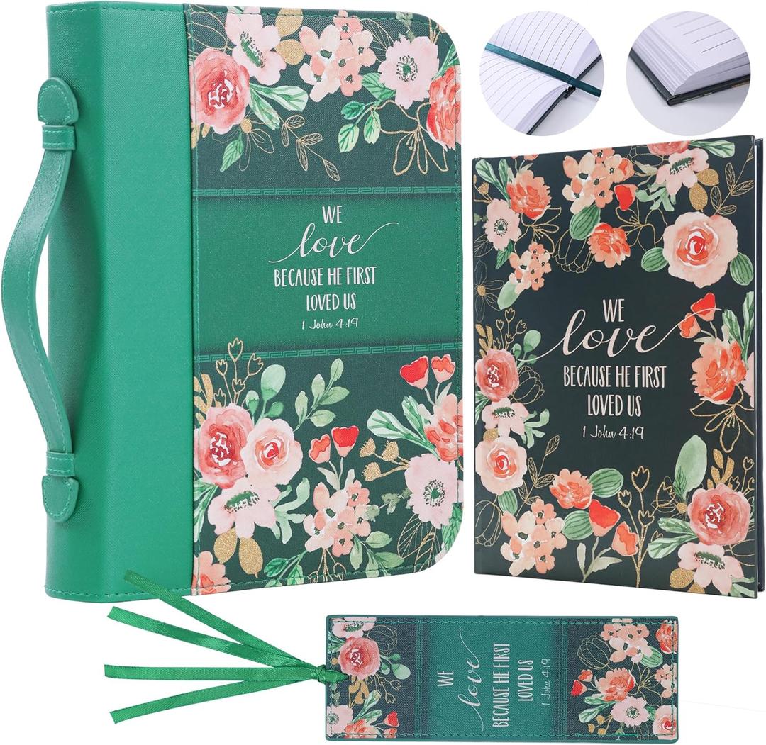 Faithful Hers Bible Covers for Women, Bible Case Set with Notebook and Bookmark, Leather Bible Cover, Bible Carrying Case for Woman Lady Bible Bag, Christmas Gift for Mother, 11x8.2x2.2 in, Green