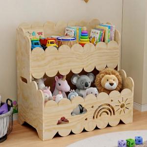 Solid Wood 2-Tier Kids Toy Storage Organizer, Kids Bookshelfs,Montessori Bookshelf Large Stuffed Animal Storage Bin Toddler Playroom Toy Box, Suitable for Kids Rooms, Nursery, Toddler Book Rack