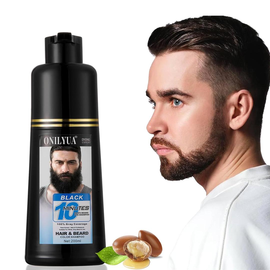Mens Beard Dye For Gray Coverage, Beard Dye Black for Men, Simpler Root Touch Up & Facial Hair Color Shampoo, Beard Dye Shampoo, Colors in 10 Minutes, Long Lasting Beard Tint 200ml