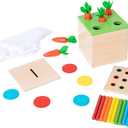 Adena Montessori 3 for 1 Wooden Montessori Play Kit Baby Toys,includes Matchstick Color Drop Game,Carrot Harvest Game and Coin Box,Learning Toy for Kid 1,2,3 Year Old,Girl Boy Gift for Baby 6-12 Month