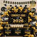 150Pcs Black Gold Graduation Decorations 2026 with 7x4ft Backdrop | 150pcs graduation decorations 2026 with oversized 7x4ft backdrop, black gold balloon arch, banner and tablecloth