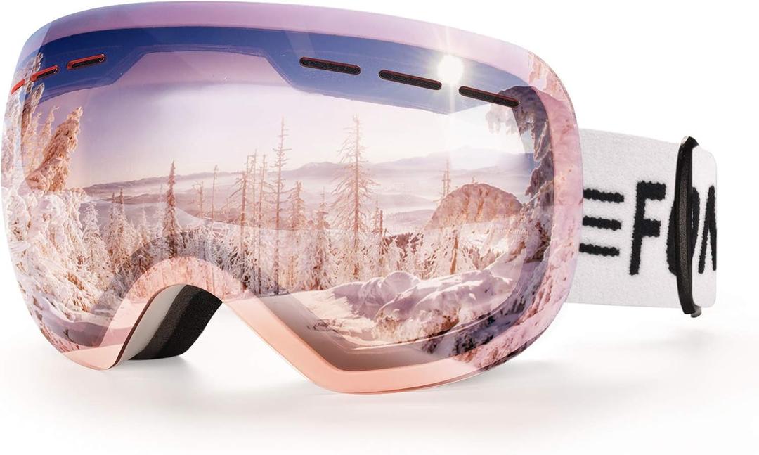 FONHCOO Ski Goggles for Men Women, Anti-Fog OTG Snow Snowboard Glasses with Detachable Lens for Skiing Skating, UV Protection (Pink Vlt 38.2%)
