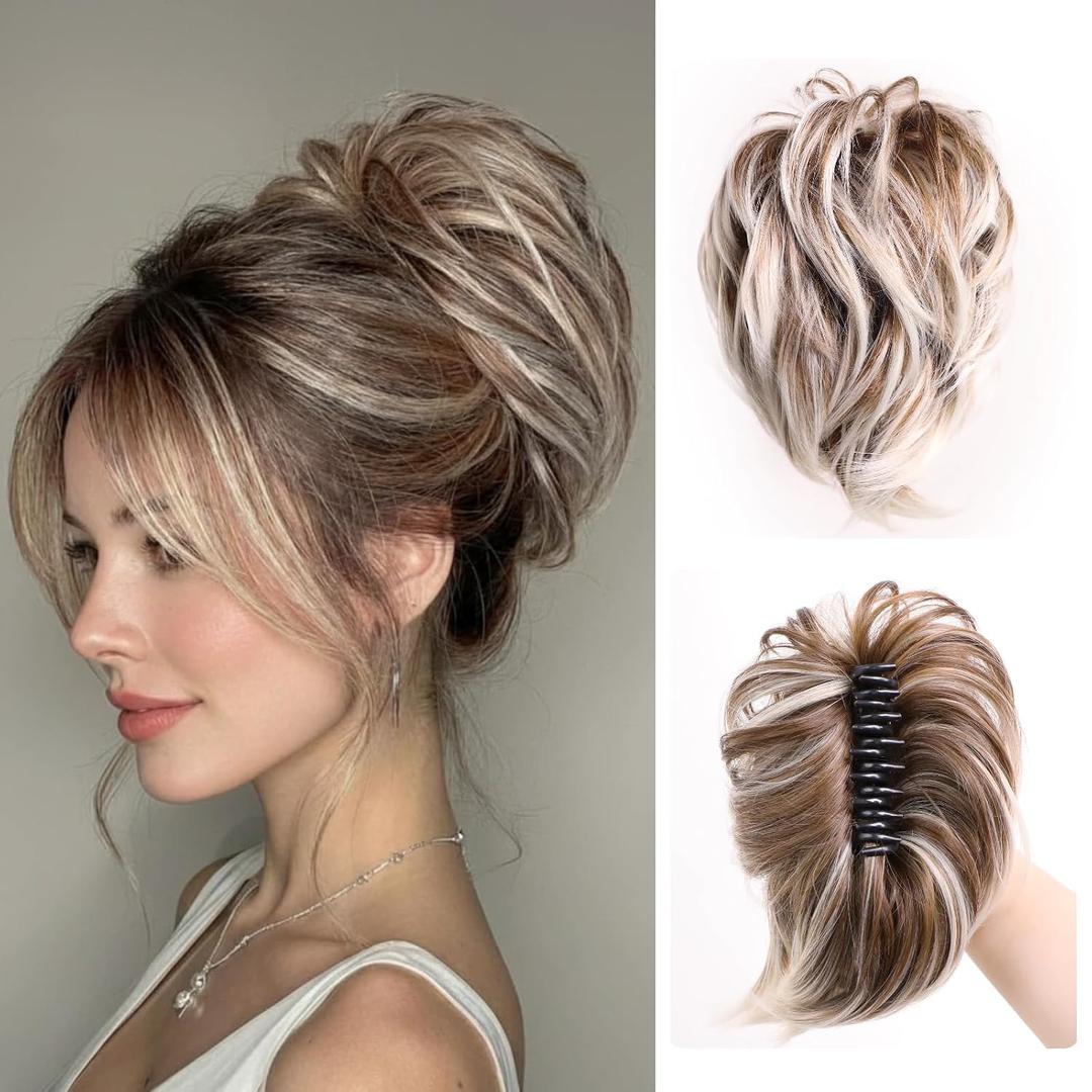 Ponytail Extension Synthetic Blonde Messy Bun Hair Piece, 7.8 Inch Short Wavy Ponytail Extension Faux Pony Tail Clip Claw Clip Hair Extensions for Women, (Blonde With Brown Highlights,3OZ)