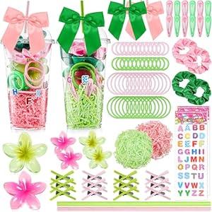 92 Pcs Witch and Princess Party Favors, Green and Pink Hair Accessories Set for Girls, Green Pink Hair Accessories Bulk include Bow Hair Clip Hair Scrunchies Elastic Hair Band for Birthday Party Gifts