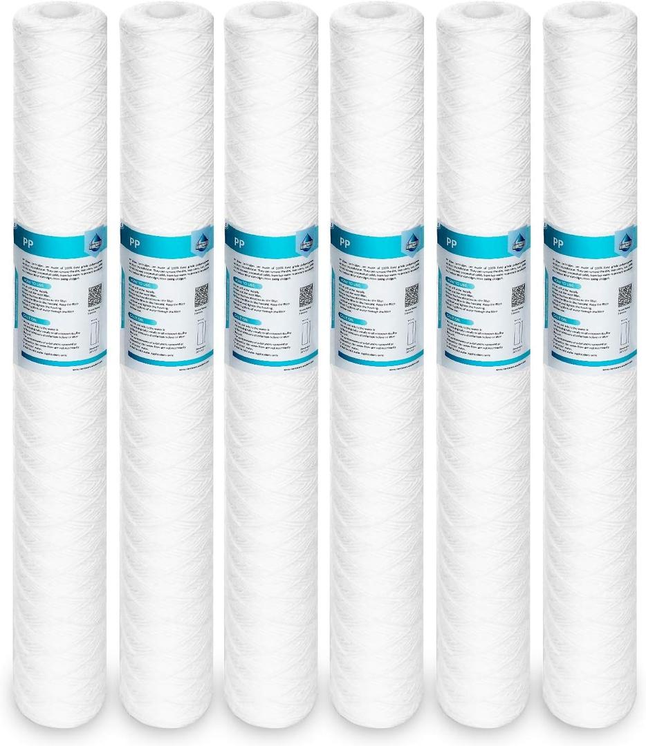 Membrane Solutions 5 Micron 2.5" OD x 20" Length Sediment Water Filter String Wound Polypropylene Cartridge for Whole House Filter Systems - 6 Pack