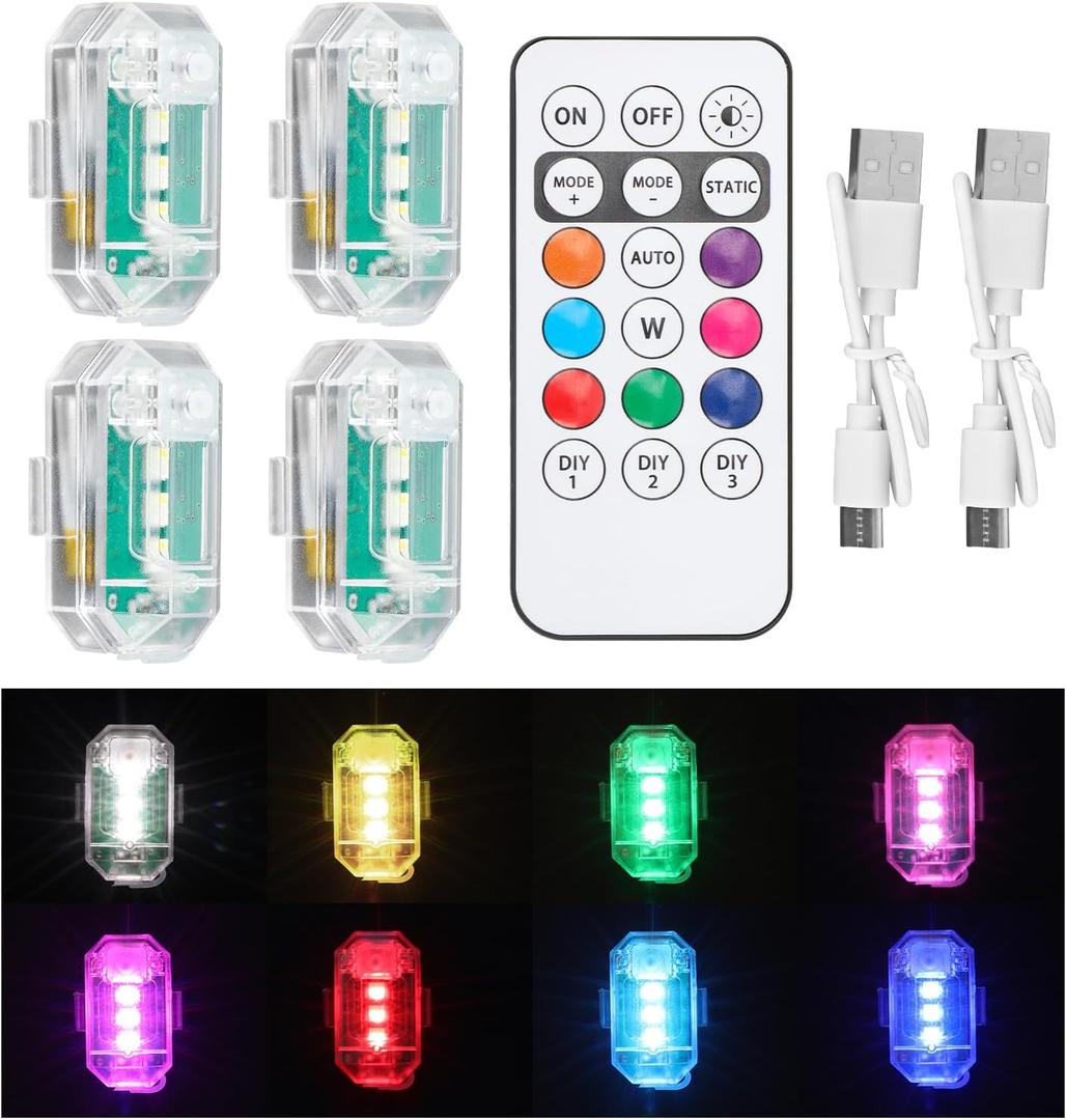 4Pcs Led Anti Collision Strobe Lights, 8 Colors High Brightness Emergency Warning Lights with Remote Control Rechargeable Waterproof Wireless Led Kit for Car Motorcycle Bicycle Drone Vehicle