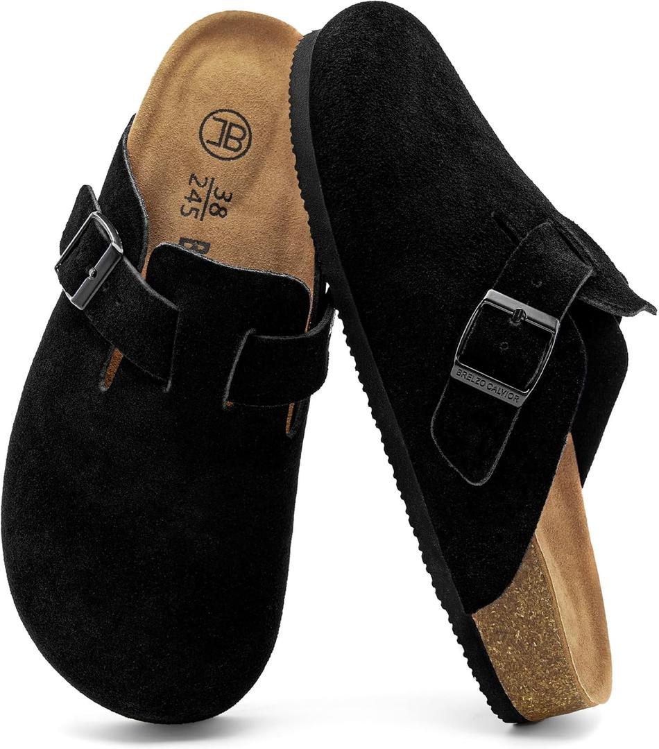 Women's Suede Clogs Men's Slip-On Mules Non-Slip Potato Shoes Arch Support Sandals with Adjustable Buckle for Indoor & Outdoor Use (Black )