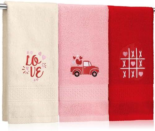 SmoothNovelty 3 Pcs Valentine's Day Hand Towels for Bathroom Love Heart Embroidered Bathroom Towels Valentines Farmhouse 13.78 x 29.53 Inch Absorbent Soft Cotton for Kitchen Dish Fast Drying Decor
