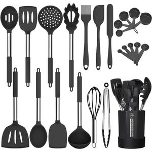 Silicone Cooking Utensil Set, Fungun Non-stick Kitchen Utensil 24 Pcs Cooking Utensils Set, Heat Resistant Cookware, Silicone Kitchen Tools Gift with Stainless Steel Handle (Black-24pcs)