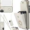 Asuwish Compatible with iPhone 16 6.1 inch Wallet Case Tempered Glass Screen Protector and Wrist Strap Ring RFID Blocking Card Holder Cell Phone Cover for i Phone16 i16 16Case Women Girls Off White