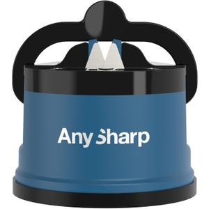 AnySharp  GLOBAL  Hands Free Knife Sharpener - Easy to Use Sharpening Tool with PowerGrip Suction Base and 20-Degree Pre-set Angle - For All Knives: Chefs, Serrated, and Hardened Steel - Blue (One Size)
