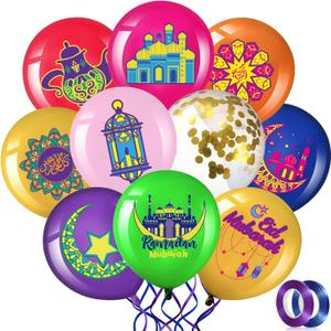 60 Pcs Ramadan Mubarak Balloons Eid Mubarak Party Decor Gold Confetti Balloon Muslim Festive Print Theme Latex Set with 2pcs Ribbon for Islamic Happy Eid Al-fitr Decor 12 Inches(Colorful)