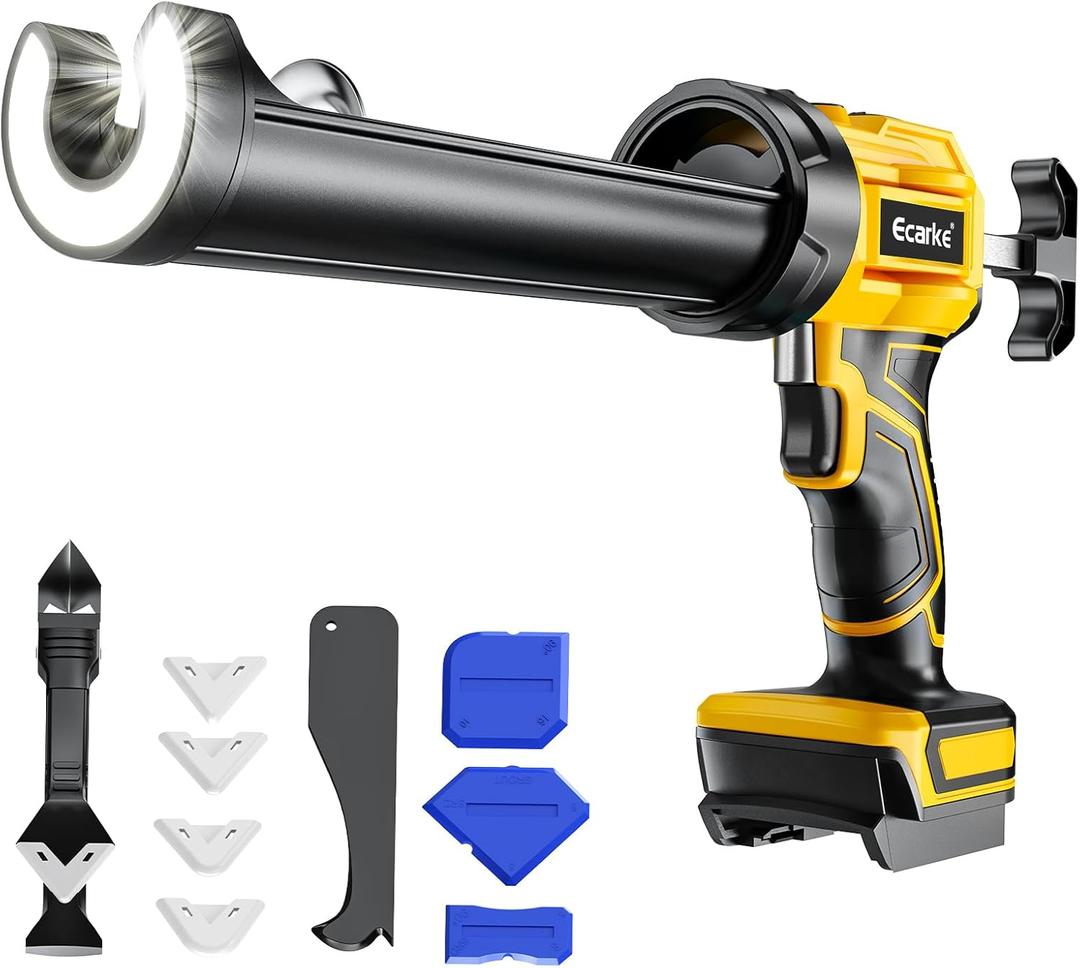 Cordless Caulking Gun Compatible with DeWalt 20V Battery (Tool Only), 10oz Electric Caulking Gun with Adjustable Speed, 9Pcs Caulk Remover Tool, Ecarke Cordless Silicone Gun for Filling, Sealing (Yellow)