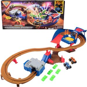 Monster Jam, Supercharge Speedway Playset, Megalodon and El Toro Loco Die-Cast Monster Trucks, Light Up World Finals Track Kids Toys for Boys Ages 3 and Up