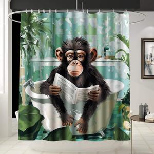 Aanimal Decor Gorilla Read Newpaper in Bathtub Shower Curtain Liner,Cute Cartoon Wildlife Artwork Curtain for Bathroom/Washroom with 12 Hooks Waterproof,Boho Gift for Man/Girl/Woman (70x 70 Inches)