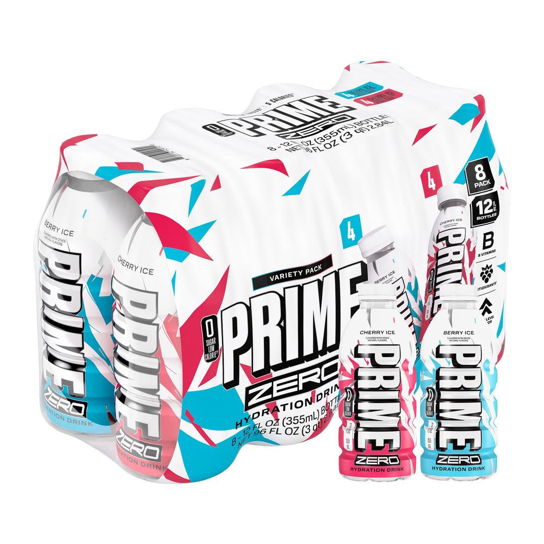 PRIME ZERO BERRY ICE & CHERRY ICE, Sugar Free Sports Drinks, Electrolyte Enhanced to Replenish Fluids, B Vitamins, Antioxidants, Low Calorie, Made with Natural Flavors, 12 Fl Oz 8 Pack x 3 BB 5/2027