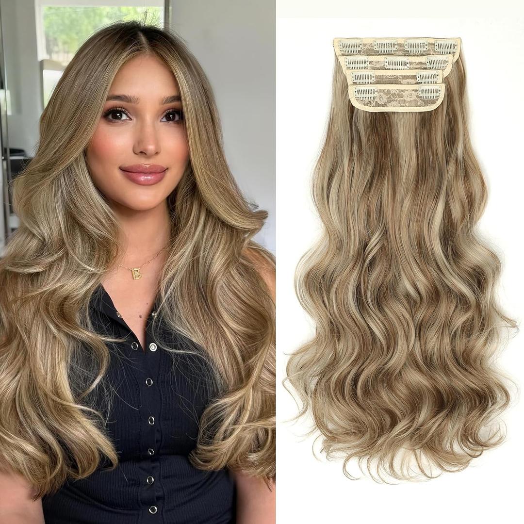 Kookastyle Clip in Hair Extensions, Natural Long Layered Soft Invisible Synthetic Curly Wavy Hairpieces for Women,4 pcs(20 InchAsh Blonde Balayage)